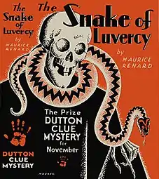 Couverture d'un roman titré « The Snake of Luvercy » sur laquelle est représenté un serpent enroulant le crâne d'un squelette.
