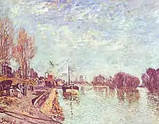 Photographie en couleur d'un tableau représentant un quai et un fleuve.
