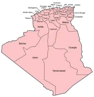 Carte des wilayas algériennes selon le découpage en vigeur de 1974 à 1983.