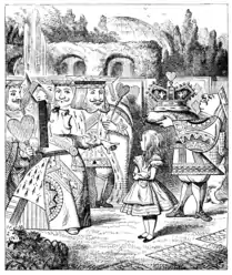 Illustration d'Alice au pays des merveilles par John Tenniel, montrant la serre aux nénuphars à l'arrière-plan