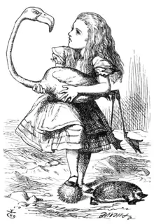 Alice jouant au croquet avec un flamant rose en guise de maillet et un hérisson comme boule dans Alice au pays des merveilles.