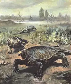 Reconstitution d'Alierasaurus ronchii évoluant dans un environnement terrestre