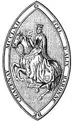 Dessin en noir et blanc représentant un sceau médiéval montrant une dame richement vêtue montant en amazone un cheval au galop et portant un faucon à la main droite.