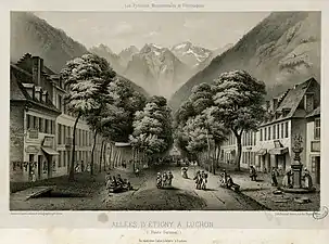 Allées d'Etigny à Luchon (Haute-Garonne), de la série Les Pyrénées Monumentales et Pittoresques (lithographie, av. 1873, Fonds Ancely de la Bibliothèque municipale de Toulouse).