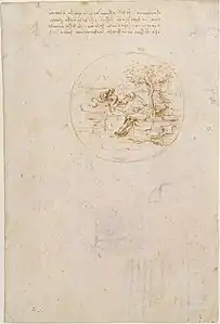 Dessin à la plume circonscrit à l'intérieur d'un cercle représentant un lézard. Le dessin est surmonté d'une note manuscrite.