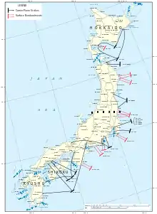 Carte en couleur du Japon indiquant les cibles des attaques de l'aéronavale citées dans l'article.