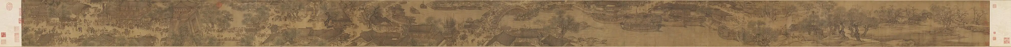 Animation au bord de la rivière [de la capitale] durant la fête Qingming. Peintre de l'Académie Hanlin, début XIe siècle, encre et couleurs sur soie, 24 × 528 cm. Musée du Palais, Pékin.