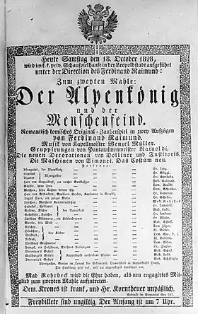 Affiche de la pièce Der Alpenkönig und der Menschenfeind au Théâtre de Leopoldstadt de Vienne, pour la représentation du 18 octobre 1828