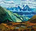 Peinture représentant sous un ciel nuageux un paysage montagneux en plusieurs plan de diverses couleurs