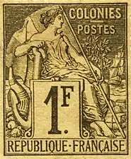 Timbre 1 F. type Alphée Dubois des Colonies françaises (1881).