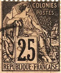 Timbre 25 c. type Alphée Dubois des Colonies françaises (1881).