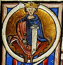 Alphonse Jourdain, représenté dans une lettrine enluminée figurant dans le premier cartulaire de la Cité de Toulouse, réalisé en 1205.