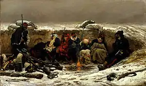 Membres de la garde mobile entassés dans une tranchée peu profonde pendant la guerre franco-prussienne de 1870-71.Peinture d'Alphonse de Neuville.
