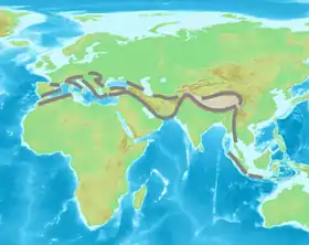 Systèmes montagneux autour du bassin méditerranéen et de l'Asie mineure à l'Asie du Sud-Est.