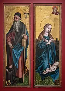 Volets du retable avec saint Antoine présentant Jean d'Orlier et l'Adoration de l'Enfant Jésus.