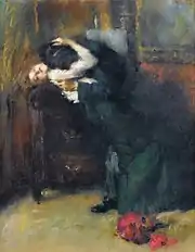 Tableau d'une femme en noir courbée en arrière sous l'étreinte d'un homme, des fleurs rouges à terre.