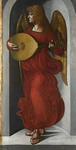 Peinture d'un ange dans une alcove, drapé de rouge et jouant du luth.