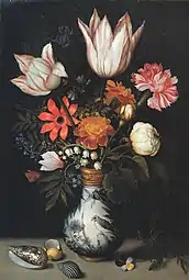 Tulipes, roses, une œillet rose et blanc, myosotis, muguet et d'autres fleurs dans un vase, (v.1619), collection particulière