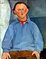 Peinture en plan américain d'un homme rond assis en pull bleu, mains sur les genoux