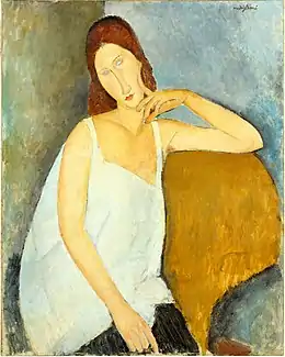 Peinture en plan américain d'une femme assise coude gauche sur une table, l'index touchant la joue
