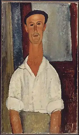 Peinture en plan taille d'un homme au cou très long, manches de chemise retroussées, mains hors cadre
