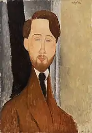 Portrait peint d'un jeune homme en buste, cheveux roux et barbiche, veste et cravate
