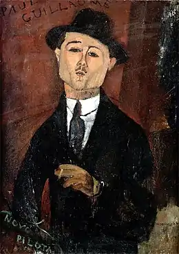 Portrait peint à mi-corps d'un homme en costume sombre et chapeau, cigarette à la main