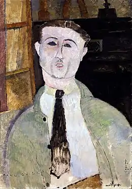 Portrait peint d'un homme en buste, de face, cheveux courts, chemise blanche, cravate noire, veste ouverte