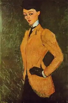 Portrait peint à mi-corps d'une femme de trois-quarts face avec une longue veste cintrée éclatante sur un fond sombre