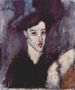 Portrait peint en buste d'une femme de trois-quarts face dans un chromatisme sombre