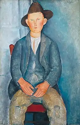 Peinture en plan italien d'un garçon en costume et chapeau, mains devant lui