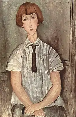 Peinture en plan taille de face d'une jeune fille assise en chemisier, l'air sérieux