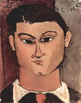 Peinture en buste assez géométrique d'un jeune homme brun aux yeux rapprochés