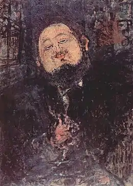 Peinture d'un homme dont le visage rond et gai émerge d'un ensemble confus