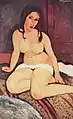 Peinture d'une femme assise par terre jambes repliée de côté, un tissu couvrant son sexe