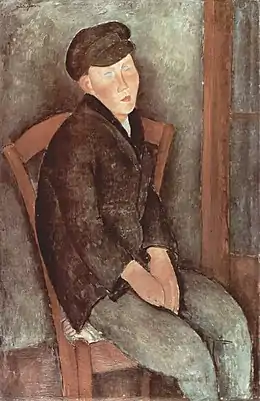 Peinture en plan italien de trois-quarts face d'un garçon en veste et casquette, mains devant lui