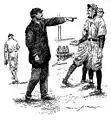 Caricature représentant un homme vêtu de noir, pointant du doigt un joueur de baseball.