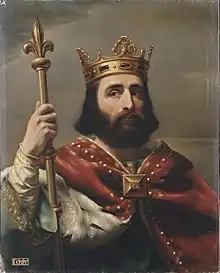 Portrait d'un roi couronné, barbu et moustachu, à la cape rouge, tenant à la main droite un sceptre à la fleur de lys.