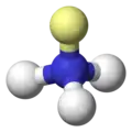 Ammoniac : le doublet non liant est représenté en jaune, les atomes d'hydrogène en blanc