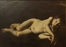 peinture. Un enfant nu est allongé sur le sol, endormi, devant un fond très sombre.