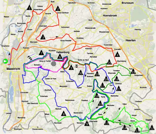 .mw-parser-output .legende-bloc-centre{display:table;margin:0 auto;text-align:left}.mw-parser-output .legende-bloc ul li{font-size:90%}.mw-parser-output .legende-bloc-vertical ul li{list-style:none;margin:1px 0 0 -1.5em}.mw-parser-output .legende-bloc-vertical ul li li{list-style:none;margin:1px 0 0 -1.0em}Début du parcoursDebut du premier tour de circuitFin du premier tour de circuitDeuxième tour de circuitTroisième tour de circuitNote:Valkenburg est le nom Néerlandais de Fauquemont. Les ascensions réalisées à plusieurs reprises ne sont indiquées qu'une seule fois