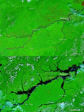Photo satellite du bassin de l'Amour en août 2008 et 2013.