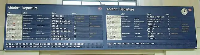 Tableau d'affichage des départs depuis la gare d'Hanovre