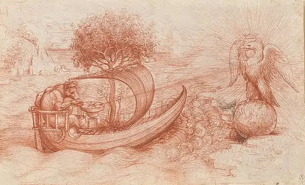 Dessin à la sanguine représentant un loup sur un bateau dont le mat est figuré par un arbre et accostant vers une grève sur laquelle se dresse un aigle posté sur un globe.
