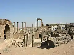 Les thermes et la palestre du sud. Au fond, le minaret et la couverture de la mosquée d'Omar.