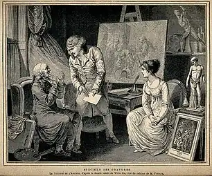 Un artiste adresse une pétition à un client âgé sous le regard d'une jeune femme assise d'après un dessin de Pierre-Alexandre Wille (1882).