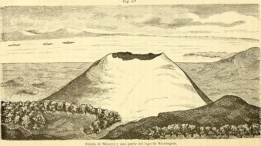 « Sierra de Masaya et une partie du lac Nicaragua », illustration de 1882 (Anales de la Sociedad Española de Historia Natural).