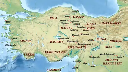 Localisation des régions et principales villes de l'Anatolie hittite.