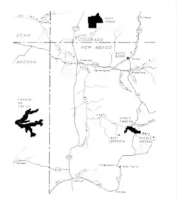 Une carte couleur de la région des Four Corners des États-Unis montrant les principales colonies ancestrales puebloennes