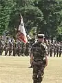 Colonel Christophe Launois devant le drapeau du 2e de marine.